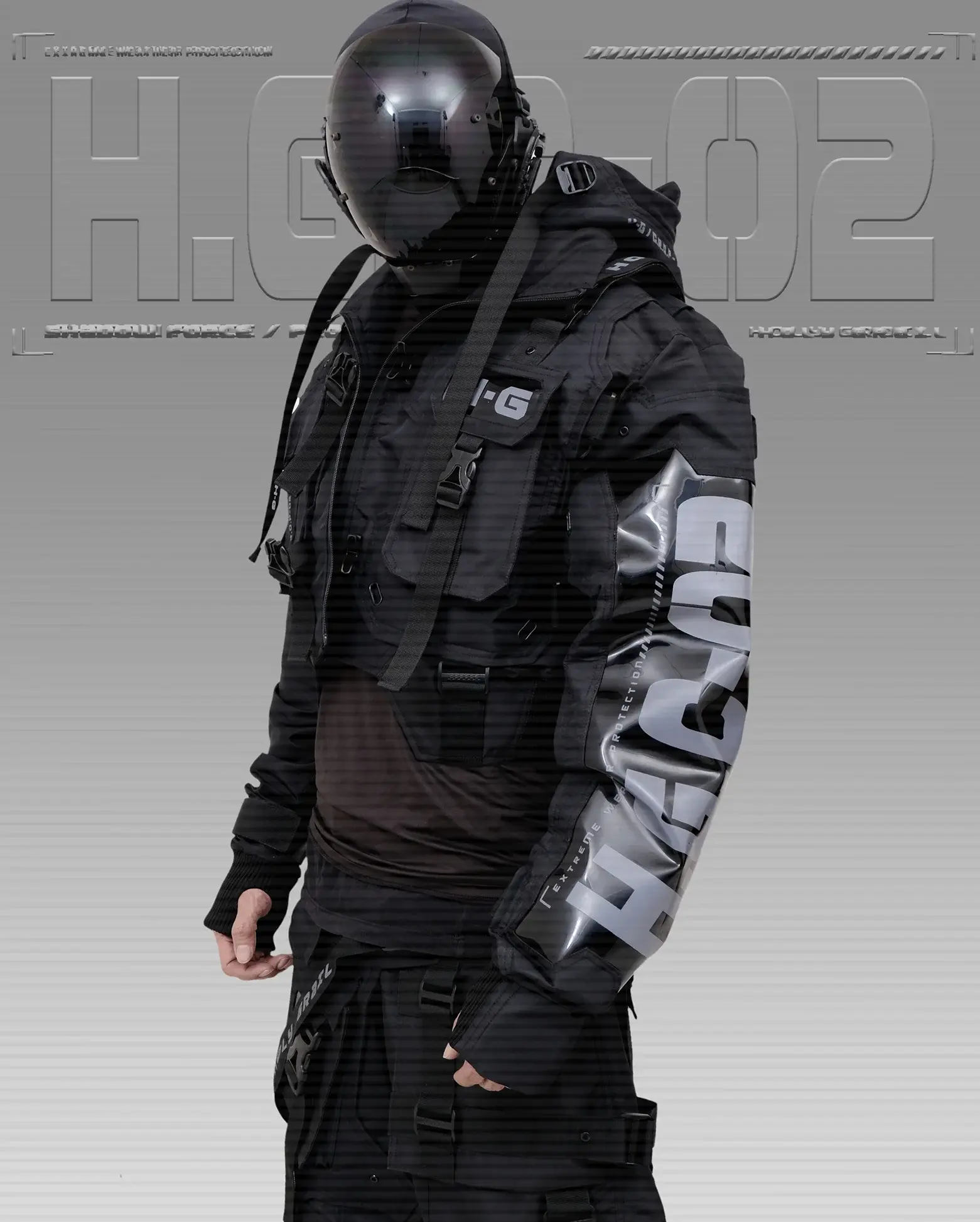 Men's Techwear Black Jacket Hoodie Full Zip Buckle Holygrail  H.G.C-02/BLK