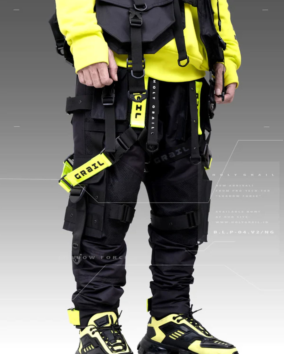 Thumbnail: Men's Black/Green Streetwear Techwear Heavy Cargo Trouser Pants HG B.L.P-04V2/NG
