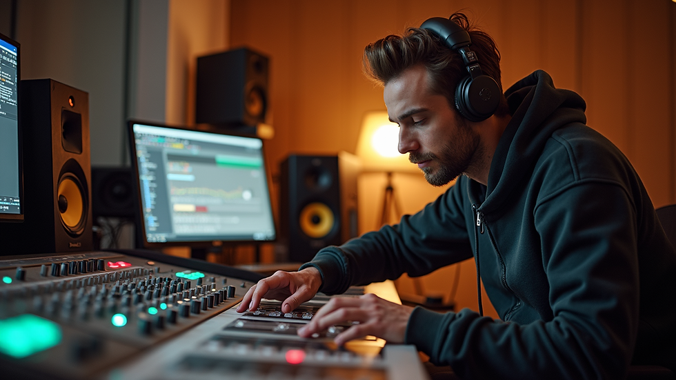 Eye-level view of a music producer working on a track in a studio