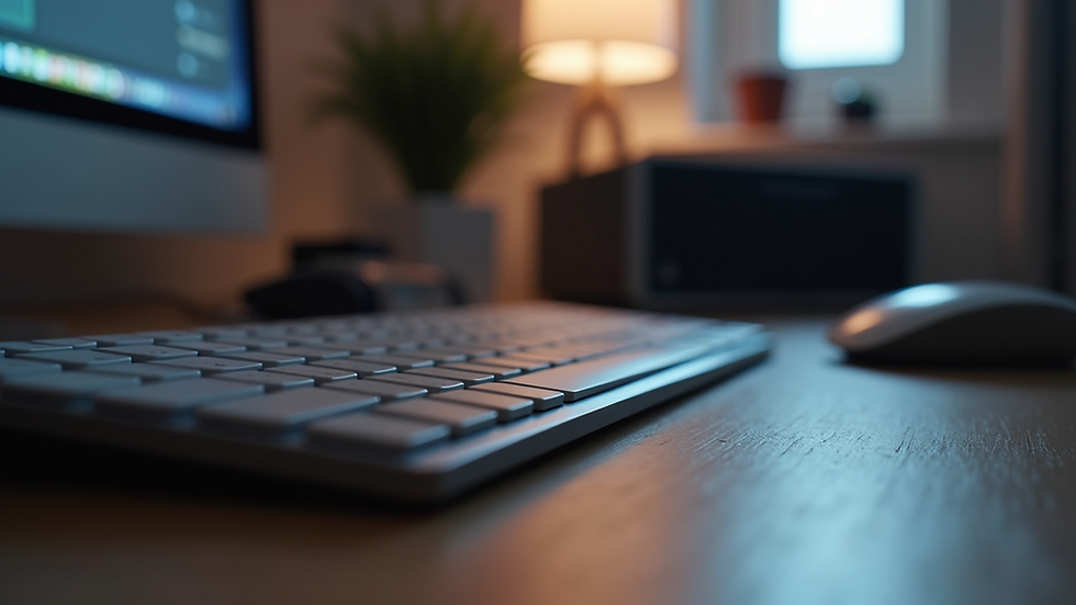 Close-up view of a keyboard and mouse on a desk with a music demo email open