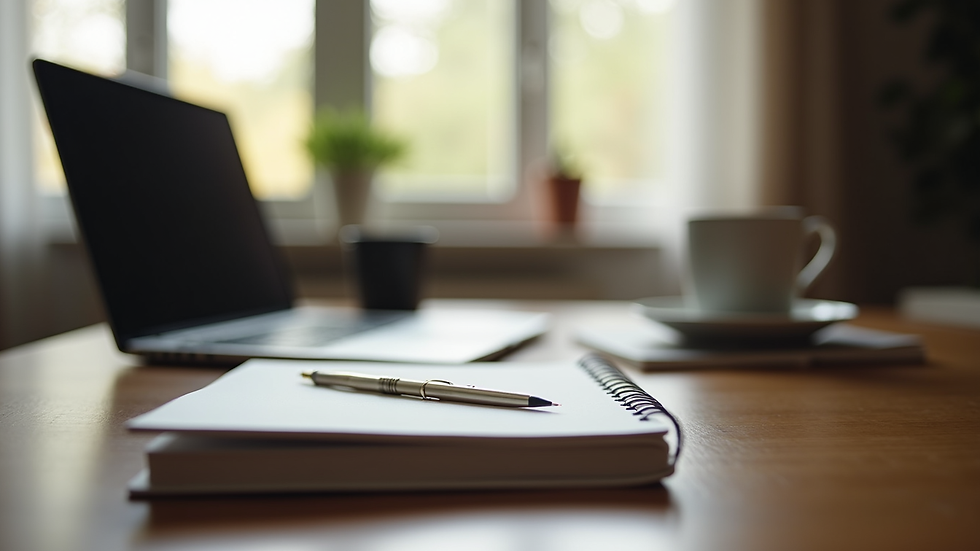 Eye-level view of a cozy home office setup with a laptop and a notebook