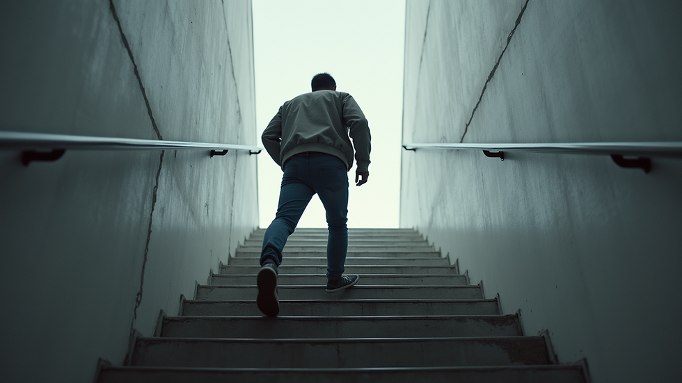 High angle view of a person climbing stairs symbolizing progress and growth