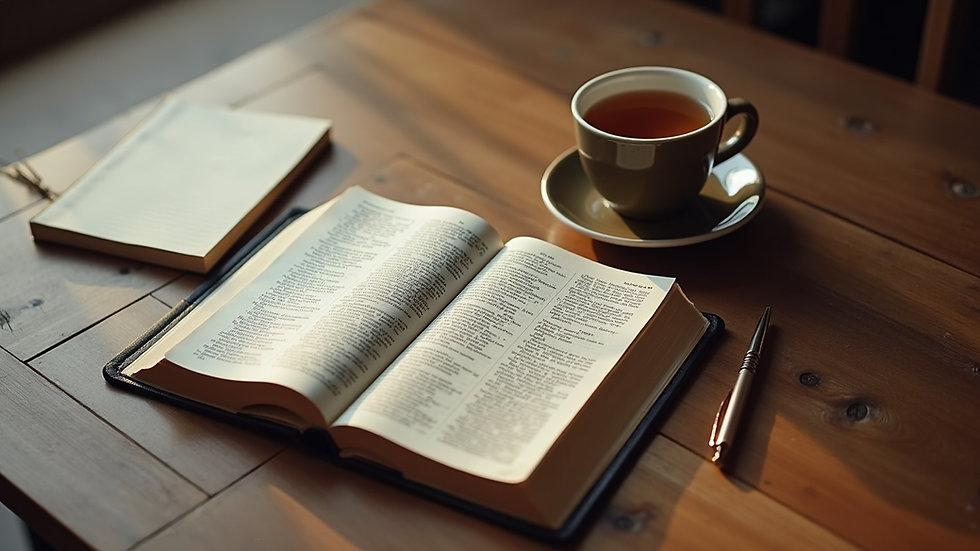 High angle view of a Bible, a cup of tea, and a notebook on a wooden table