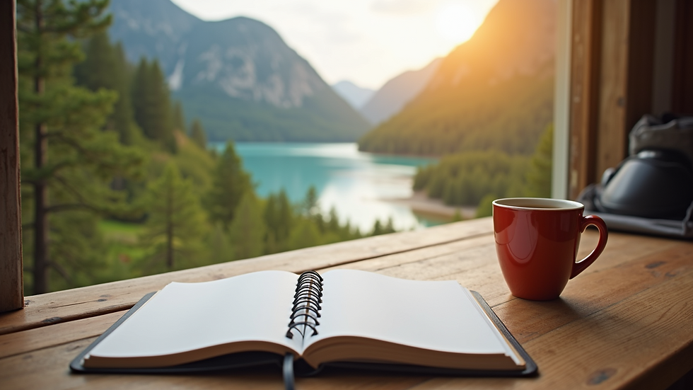Eye-level view of a cozy study desk with an open notebook and a cup of coffee