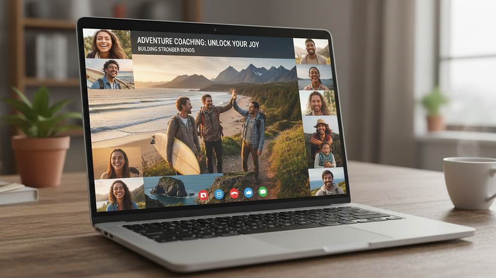 Eye-level view of a laptop screen showing a virtual coaching session