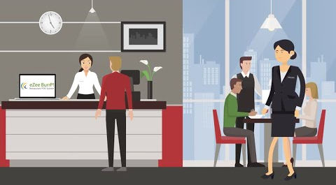 A modern hotel reception scene showcasing a staff member assisting a guest at the front desk, while a group discusses business over coffee in a sleek lounge area.