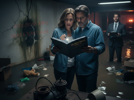 Public adjuster examining a homeowner's insurance policy in a flooded Schaumburg basement to identify coverage exclusions.