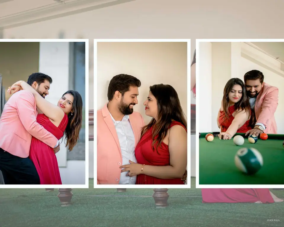 Couple's photoshoot, they are smiling, wearing red dresses, near a pool table