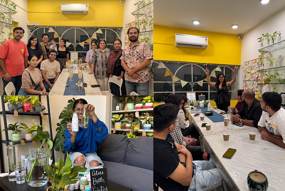 Collage of friends at a plant-filled workshop, posing and a woman presenting with raised arms around a craft table.