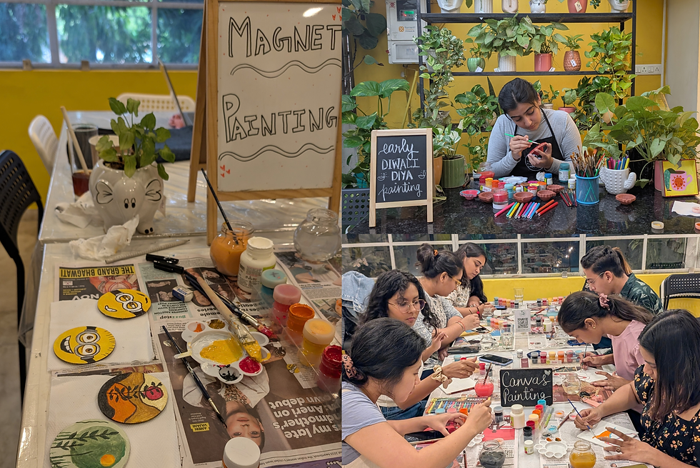 Paint-and-pottery workshop collage: people paint magnets and canvases at a plant-filled yellow studio, with signs and art supplies.