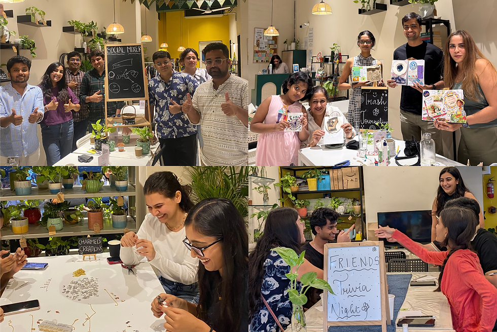 Collage of friends at a cozy craft café, smiling and making jewelry and journals; signs read Social Mixer, Trash Journaling, FRIENDS Trivia Night.