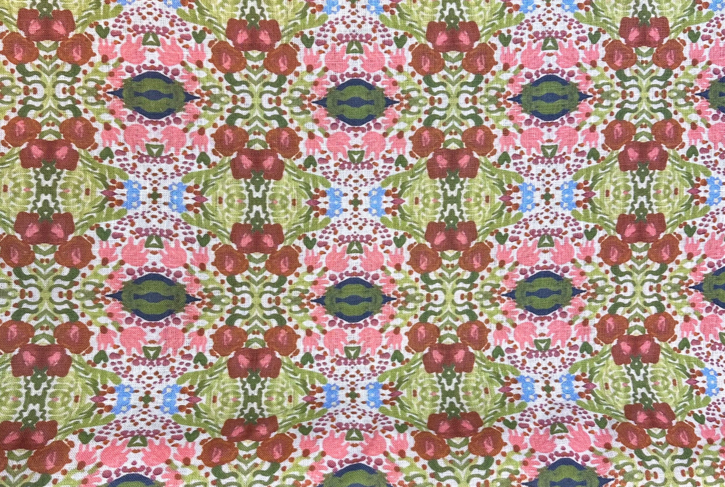 Hungarian Printed Linen - Green / Pink / Blue