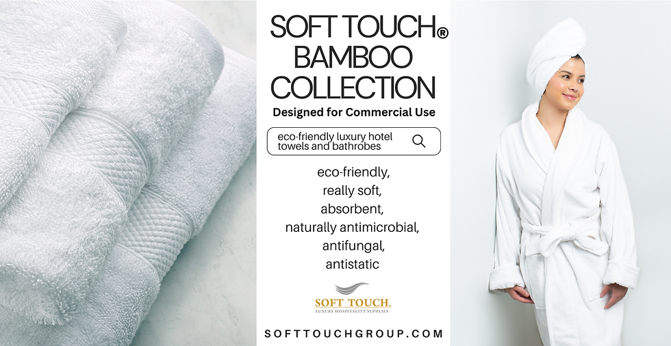 Soft Touch® Bamboo towels and bathrobes are renowned for their exceptional softness, often compared to cashmere or silk. This luxurious feel enhances the guest experience, making them feel pampered and valued during their stay. The plush texture of bamboo fabric provides a comforting wrap after a shower or bath, contributing to a relaxing atmosphere in hotel rooms.