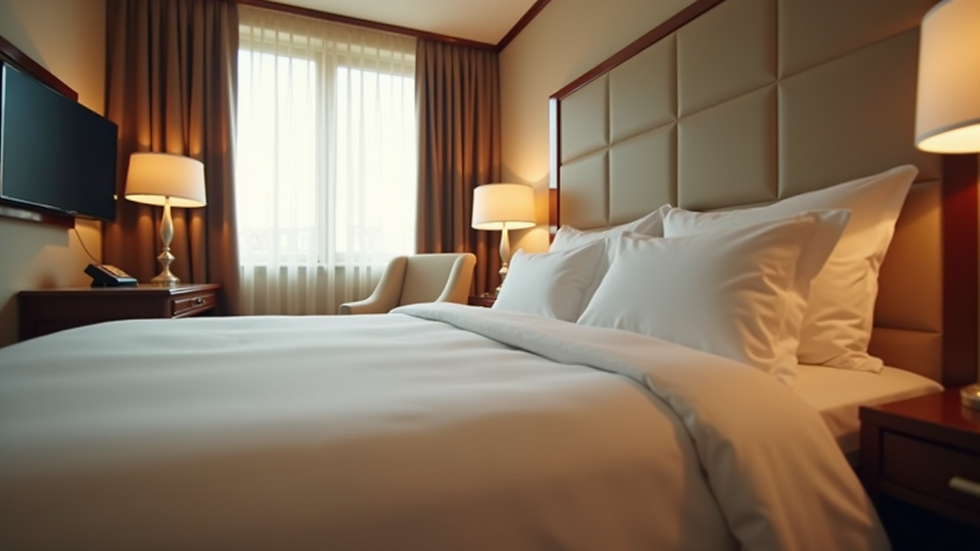 Eye-level view of a hotel room with plush bedding and elegant decor