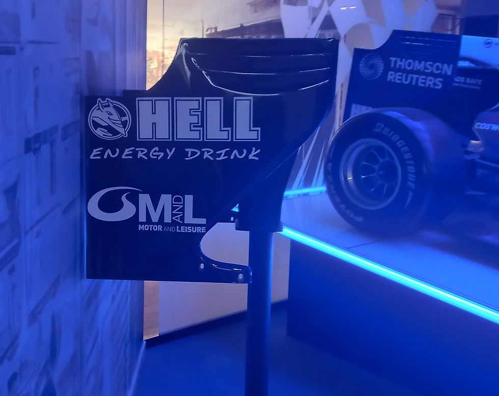 The rear wing of the 2009 car with the Hell logo