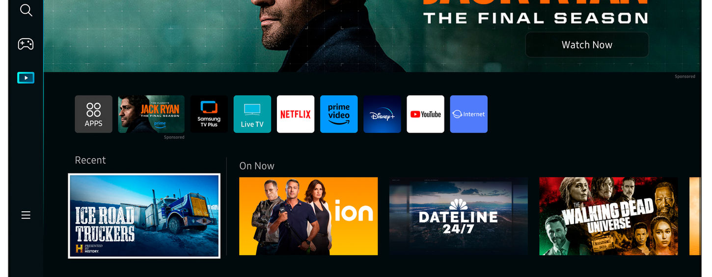 Ein Fernseher mit der Anzeige "Tom Clancy's Jack Ryan: The Final Season" und weiteren Streaming-Diensten wie Netflix und Amazon Prime