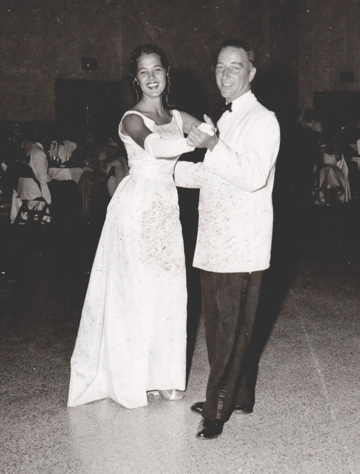 1957 Citrus Queen. Frances (Layton) Pope dances with Garry Moore at Nora Mayo Hall. Moore’s popular TV show “I’ve Got a Secret” broadcast live that year from the Lake Silver Amphitheater to 30 million viewers.