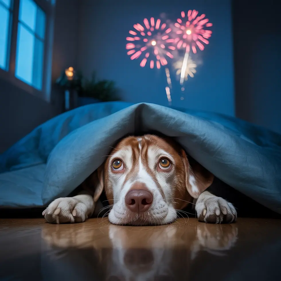 Dog hiding under blue blanket, looking worried, with colorful fireworks visible through a window in a dim room.