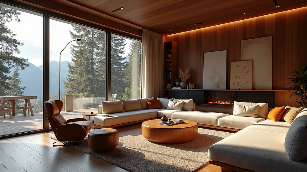 Wide angle view of a luxury cabin living room with artistic decor