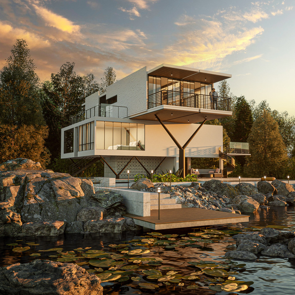 Modern lakefront home with an elevated structure on rocky terrain, featuring large glass windows, a wooden dock, and a serene lily-covered lake under vibrant skies.