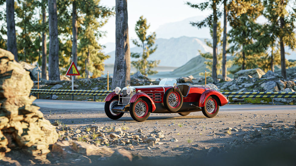 Hispano-Suiza classic car with stork emblem, red body, chrome detailing, and wire-spoked wheels on a mountain road, surrounded by pines and rocky terrain, bathed in golden light.