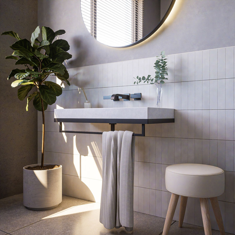 A sleek, modern concrete basin (Penny Sink) with sharp geometric detailing, mounted on a minimalist black metal frame, set against a tiled wall with natural light softly illuminating the scene. Complementary decor includes a round backlit mirror, a potted plant, and a stool with wooden legs.