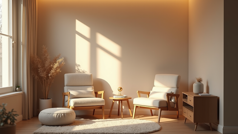 Eye-level view of a cozy therapy room with soft lighting and comfortable chairs
