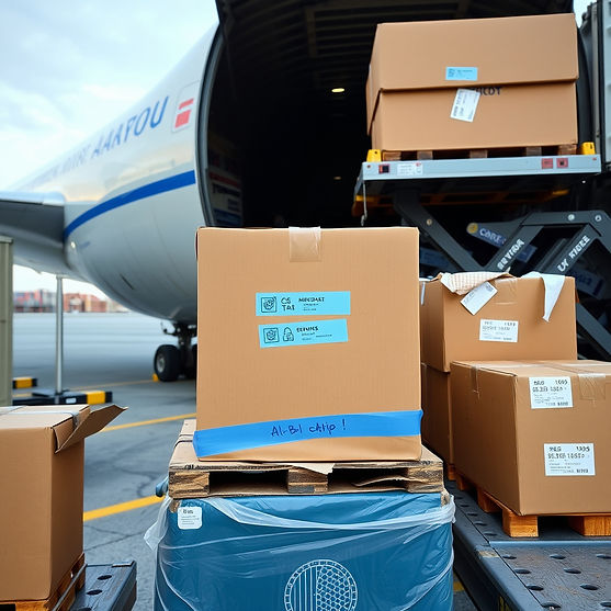 air cargo getting loaded and some of the boxes have masking tape on it on tape written (uk
