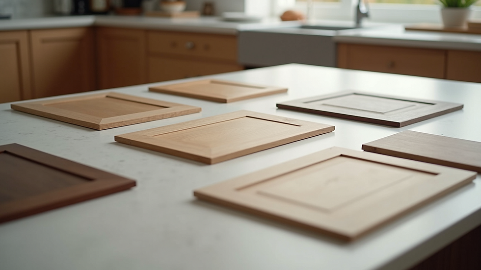 High angle view of kitchen cabinet samples laid out on table
