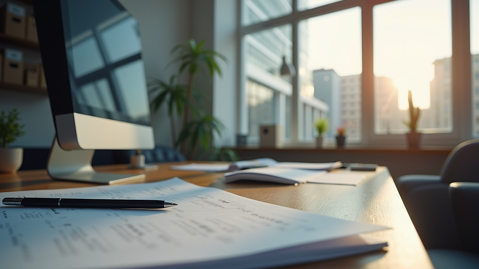 Vue rapprochée d’un bureau moderne avec ordinateur et documents