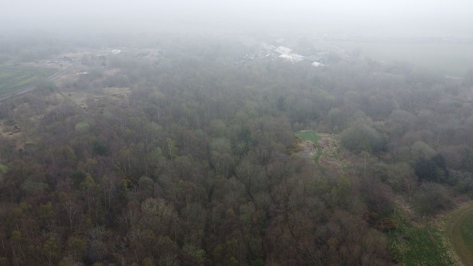 Foggy aerial photo of Marley Hill Colliery site, 2022.