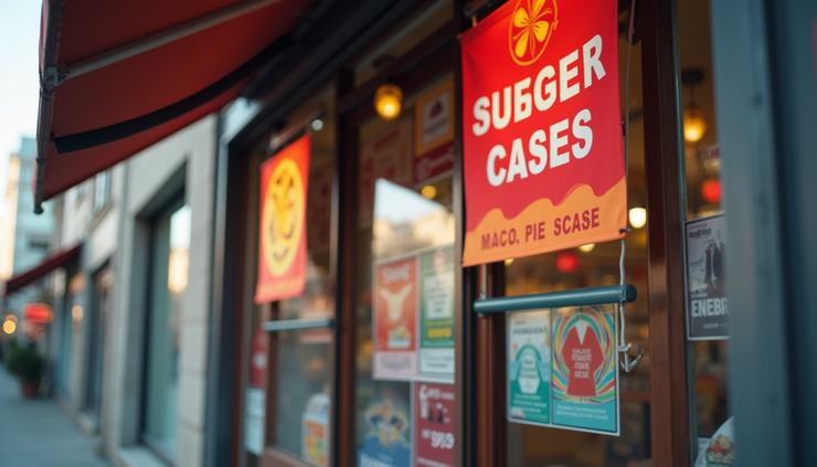 Eye-level view of a vibrant banner hanging outside a local shop entrance
