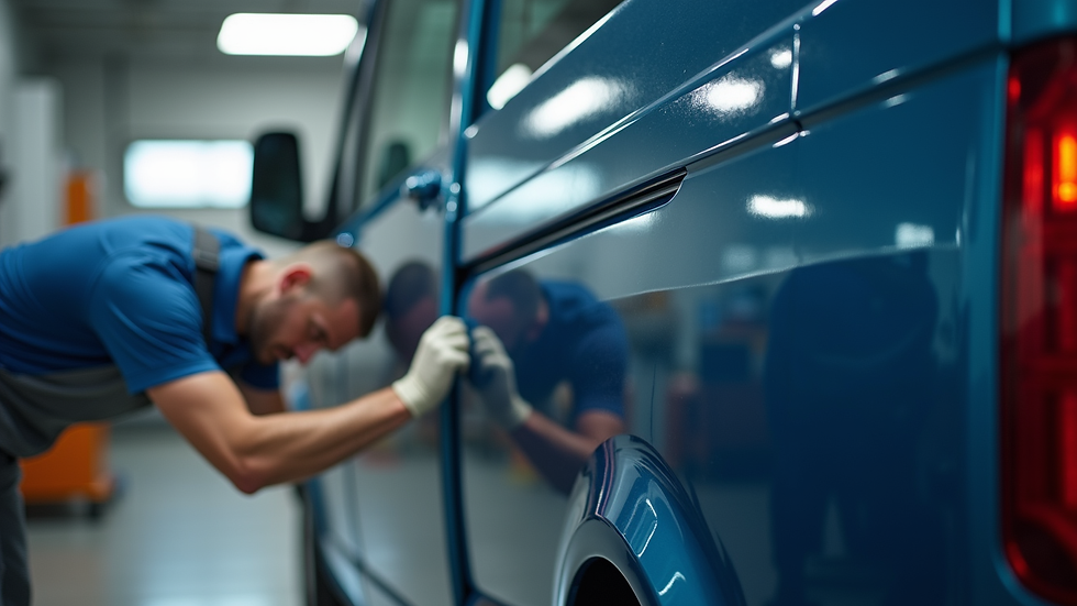 Close-up view of a professional installer applying a vinyl wrap to a van door