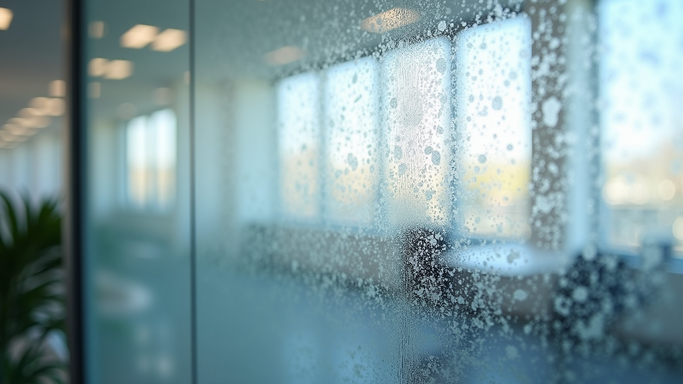 Close-up view of frosted vinyl pattern on office window