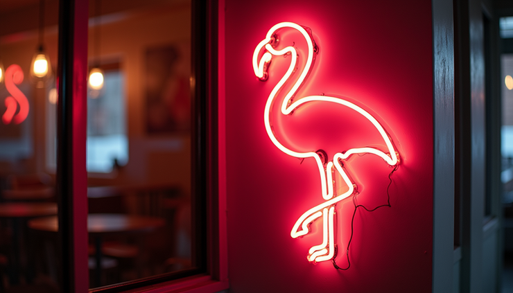 Eye-level view of a vibrant LED neon sign shaped like a flamingo hanging on a wall