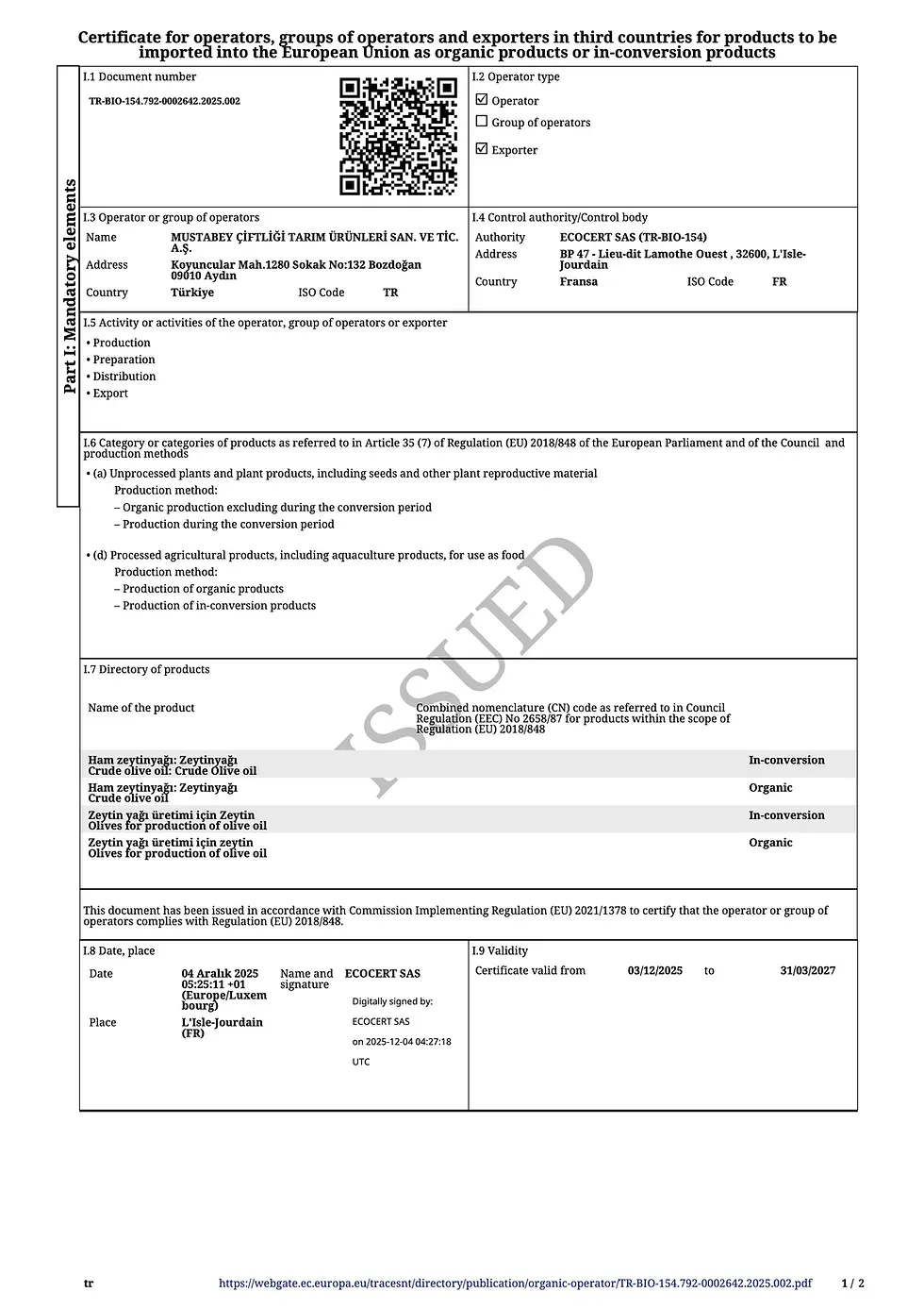 MustaBey Çiftliği EU Organic Certificate