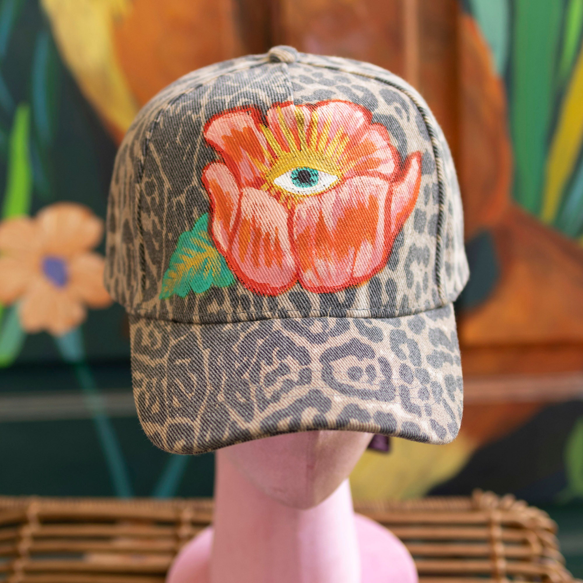 Hand Painted Leopard Hat with Floral Eye