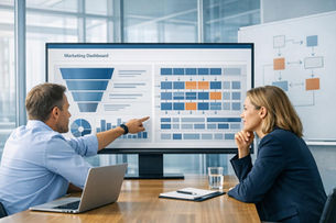 mann zeigt einer frau auf dem bildschirm daten