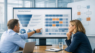 mann zeigt einer frau auf dem bildschirm daten