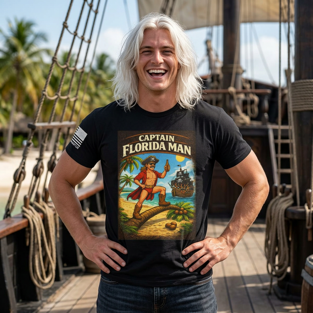 Captain Florida Pirate Illustration Tee | Beach, Tropical, Retro Poster