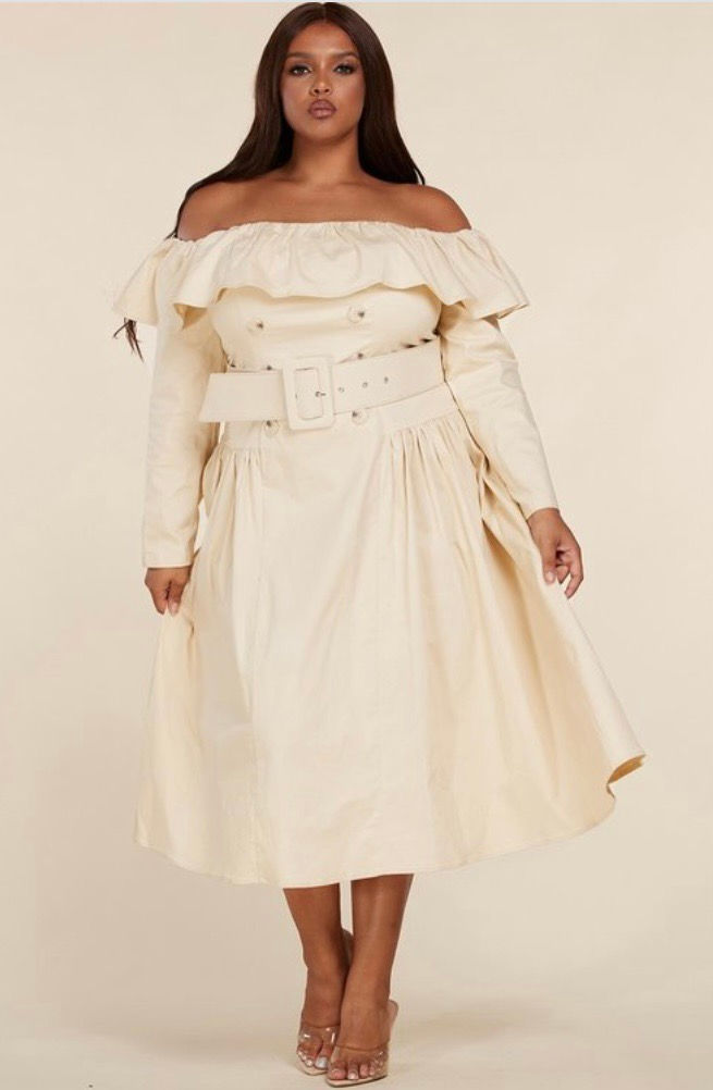 Beige Long Sleeve Off-Shoulder Midi Dress