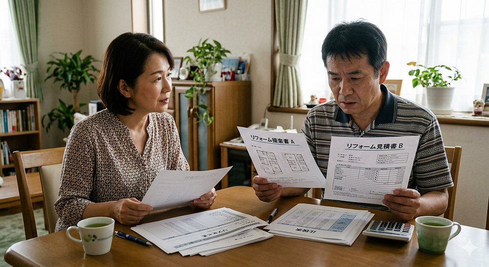 複数の見積書を前に迷っている夫婦の様子