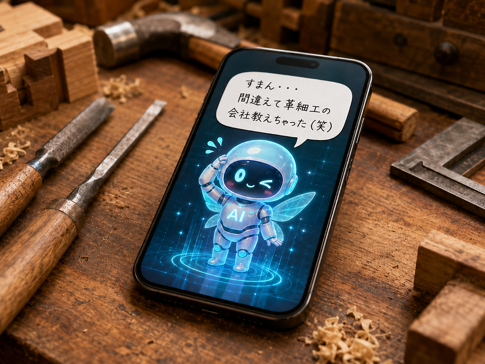 AIでリフォーム業者を検索した時のズレを表現した、大工の作業場とスマートフォンのイメージ画像