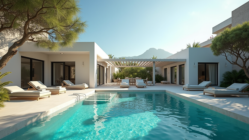 Wide angle view of a luxurious villa with a swimming pool