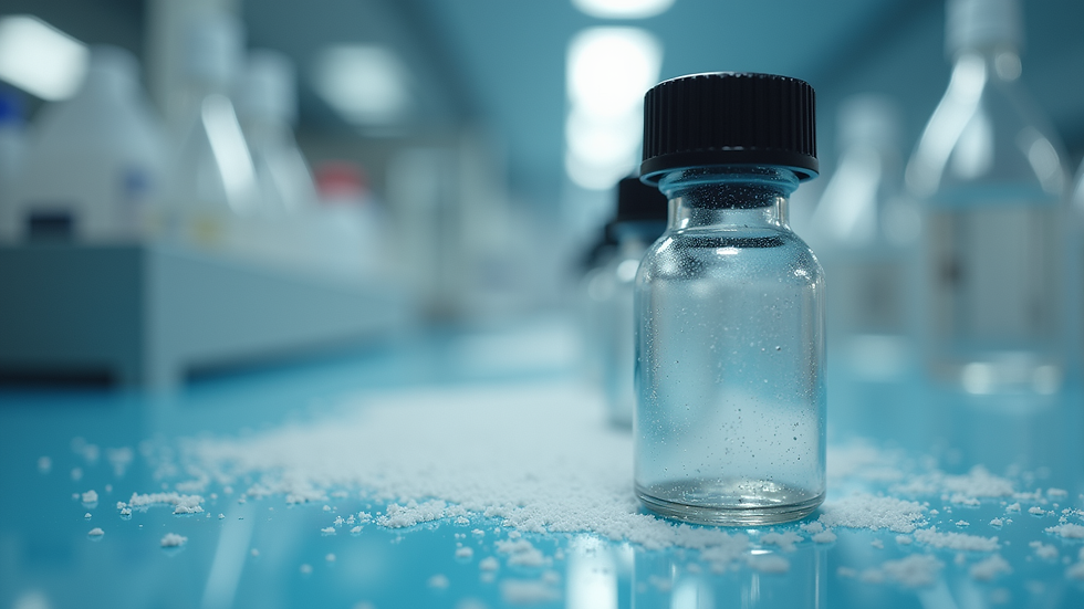 Eye-level view of peptide powder vial on laboratory bench