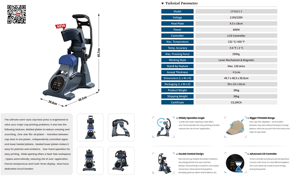 Thumbnail: Dual Heated Semi-auto Hat & Cap Heat Press Machine w/ laser alignment