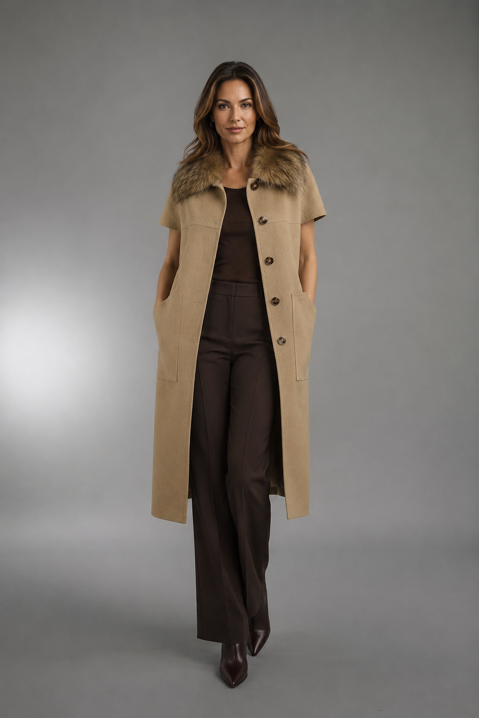 Thumbnail: Cashmere/Wool Blend Long Vest Detachable Fox Collar