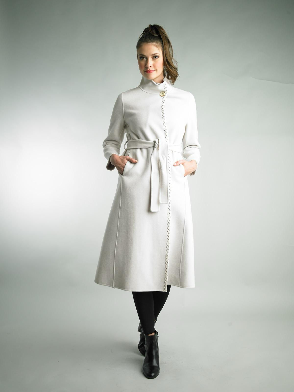 Wool/ Cashmere Blend Long Belted Coat with Leather Braiding