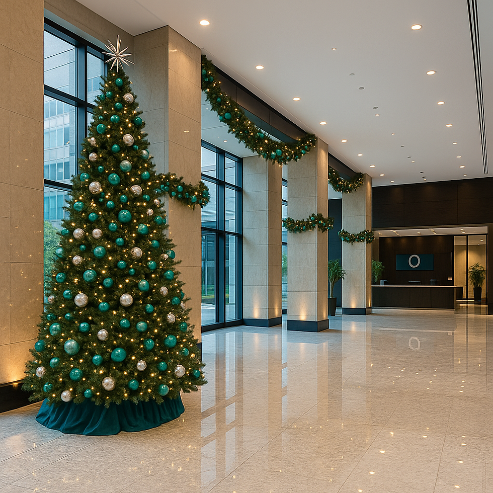Corporate holiday décor transformation in a modern office lobby featuring a teal-and-silver Christmas tree, elegant garlands, and polished marble floors.
