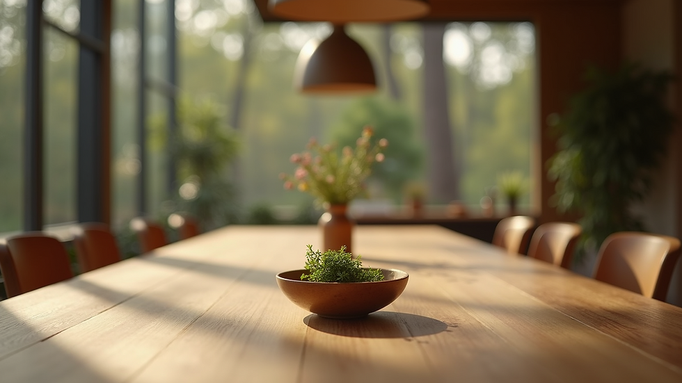 Eye-level view of a wooden dining table with organic decor
